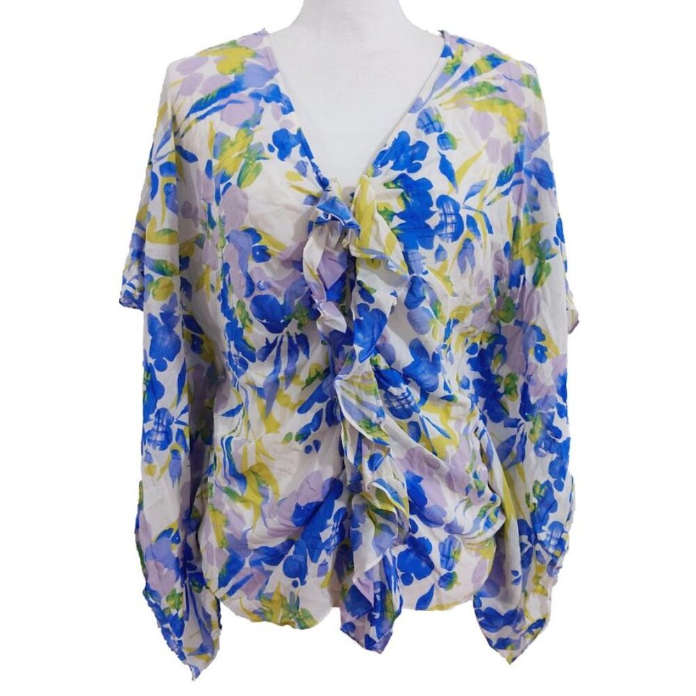 St. John Floral Silk Blend Ruffle Button-Down Blouse with Kimono Sleeves